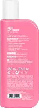Tył różowego szamponu ICE Keep My Color, 250ml, z białym napisem składu, przeznaczony do włosów farbowanych.