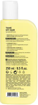 Tył żółtego szamponu Tame My Hair 250ml do włosów kręconych i puszących się z listą składników.