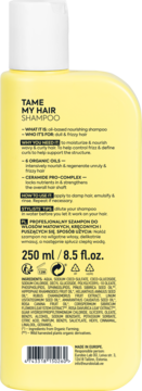Tył żółtej butelki szamponu TAME MY HAIR dla włosów kręconych i puszących się, widoczne składniki i instrukcje.