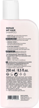 Różowa butelka szamponu Repair My Hair do włosów zniszczonych, widok z tyłu z pełnym opisem i składnikami.