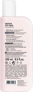 Tył różowej butelki szamponu ICE Repair My Hair (250 ml) do włosów zniszczonych, z listą składników.