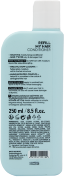 Tył jasnoniebieskiej butelki odżywki Refill My Hair dla suchych i zniszczonych włosów z Organic Snow Cladonia.