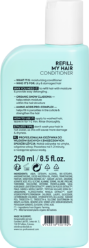 Tył jasnoniebieskiej odżywki Refill My Hair do włosów suchych 250ml z listą składników i instrukcjami.