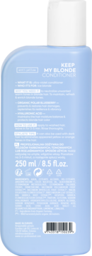 Tył jasnoniebieskiej butelki odżywki do włosów blond KEEP MY BLONDE CONDITIONER, 250ml, biały korek.