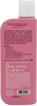 Tył różowej butelki wegańskiej odżywki ICE by NS Keep My Color, z czytelnymi informacjami o składnikach.