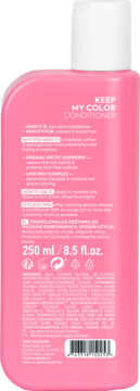 Tył różowej butelki odżywki Keep My Color Conditioner z białymi napisami, opis korzyści, składników i użycia.