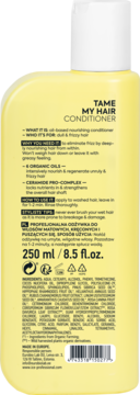 Tył żółtej butelki odżywki TAME MY HAIR dla włosów matowych i puszących się z czytelną etykietą.