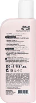 Tył różowego Repair My Hair Conditioner do włosów zniszczonych, 250ml, z widocznym składem.