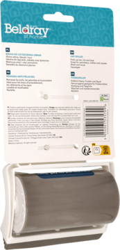 Beldray reusable grey gel lint roller in white retail packaging, back view showing multilingual text and barcode.