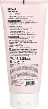 Tył różowej tuby Repair My Hair Hair Mask, opis: rekonstrukcja, organiczny cedr, plant pro-keratin, 200ml.