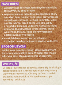 Tekstowy opis tołpa. pure trends: krem na noc z naturalnymi składnikami. Nawilża, regeneruje, koi skórę.
