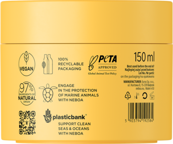 Tył żółtego słoika peelingu enzymatycznego Neboa Strong Scalp, 150 ml, z napisami: VEGAN, 97% NATURAL, 100% RECYCLABLE PACKAGING.