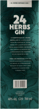 Tył ciemnozielonego opakowania 24 HERBS GIN z wytłoczonymi liśćmi, widoczne 40% obj. i 700 ml.