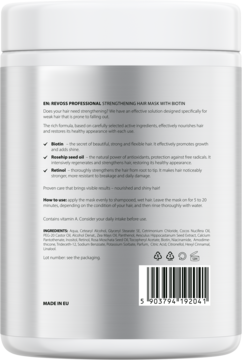 Tył białej maski do włosów Revoss Professional z biotyną, retinolem i olejem z nasion róży, widoczne składniki.