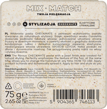 Tył wegańskiej pasty Hairmate Checkmate 75g, perłowe wykończenie, elastyczne utrwalenie, naturalne stylizacje.