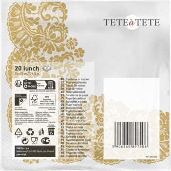 TETEA@TETE serwetki papierowe 33x33 cm, tył opakowania, złoty ornament na białym tle, kod kreskowy.
