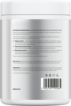 Tył białego opakowania maski Revoss Professional do włosów farbowanych, z opisem i składnikami: papaja, marakuja.