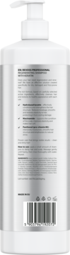 Tył białej butelki szamponu Revoss Professional Regenerating z keratyną. Widoczny opis, składniki i kod kreskowy.