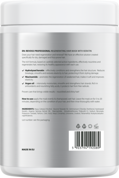 Tył białego opakowania maski Revoss Professional z keratyną, niacynamidem i arganem. Widoczny skład.