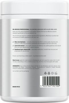 Tył białej maski do włosów Revoss Volumizing z aloesem i limonką. Widoczne angielskie opisy i kod kreskowy.