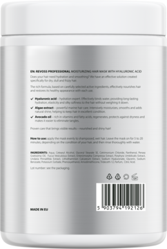 Tył białego opakowania maski Revoss Professional nawilżającej, z kwasem hialuronowym i algami. Widoczny skład.