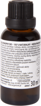 Olej konopny BIO Arganove w brązowej butelce 30ml z kroplomierzem, widok z tyłu z etykietą.
