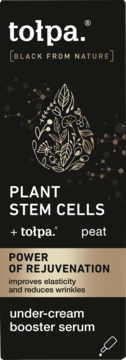 Czarna butelka tołpa serum-booster pod krem, z napisem: Plant Stem Cells, Power of Rejuvenation.