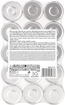 Tył opakowania świec zapachowych Wanilia, widok z góry na srebrne tealighty i białą etykietę z informacjami o produkcie.