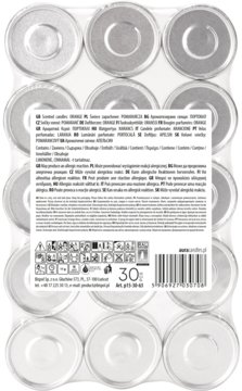 Tył przezroczystego opakowania 30 pomarańczowych świec zapachowych, widoczne 18 srebrnych tealightów i etykieta.