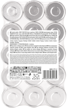 Tył opakowania z 24 srebrnymi świecami zapachowymi o zapachu owoców leśnych w przezroczystej tacce.