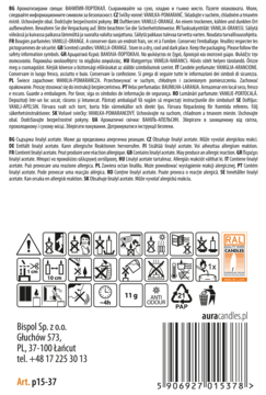 Tył opakowania świec zapachowych Bispol wanilia-pomarańcza z ostrzeżeniami, symbolami i kodem kreskowym.