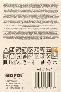 Beżowy tył opakowania świec Bispol Jabłko Cynamon, widoczne symbole bezpieczeństwa i adres producenta.