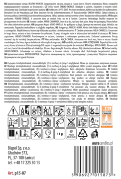 Tył etykiety świecy Bispol Jabłko-Cynamon z ikonami bezpieczeństwa, danymi firmy i kodem EAN.