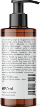 Hydrofilowy olejek do demakijażu w brązowej butelce z pompką, widok z tyłu z listą składników. Idealny dla cery wrażliwej, 150ml.