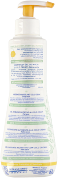 Tylna strona białej butelki Mustela Odżywczy żel z Cold Cream do skóry suchej, z żółtą pompką.