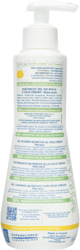 Tył białej butelki żelu do mycia z Cold Cream dla suchej skóry, widoczny opis: 95% składników naturalnych.