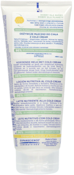 Tył białej tubki Mustela Mleczko z Cold Cream, z opisem w kilku językach, 96% nat. składników.