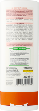 Tył białej butelki odżywki ALTERRA CURLY WAVES 200ml, bio makadamia. Widoczna lista składników, opis i kod EAN.