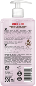 Tył różowego mydła do rąk CleanHands 300 ml z pompką, widoczny opis produktu i ekstrakt z kokosa.