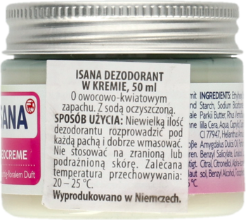 Tył kremowego dezodorantu Isana 50ml, widoczna biała etykieta z instrukcjami użycia i napisem 'Made in Germany'.
