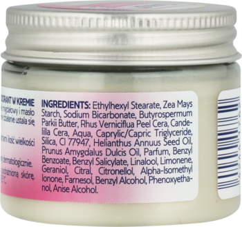 Tył kremowego dezodorantu Isana z sodą oczyszczoną, widoczna lista składników i srebrna zakrętka.