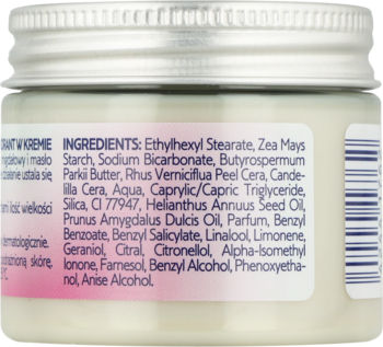 Tył dezodorantu Isana w kremie z sodą 50ml, biały słoiczek ze srebrną nakrętką i listą składników.