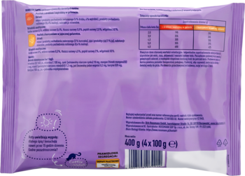 Tył fioletowo-zielonej saszetki mokrej karmy dla kotów, z tabelą wartości odżywczych i składników.