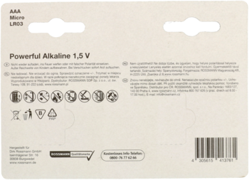 Widok z tyłu opakowania baterii AAA Micro LR03 alkalicznych 1,5V z symbolami utylizacji i kodem kreskowym.