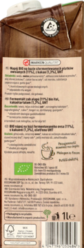 Tył brązowego kartonu napoju owsianego BIO z kakao 1L, widoczny skład i certyfikat ekologiczny.