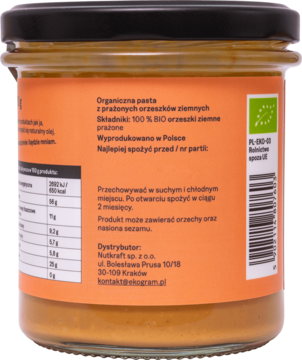 Tył słoika z ekologiczną pastą z orzechów ziemnych, prażoną na sucho, z certyfikatem BIO. Produkt polski.