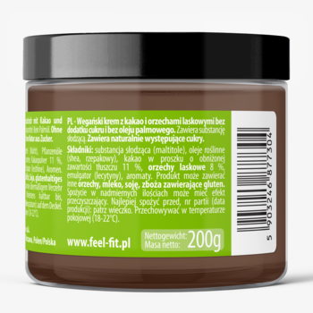 Tył słoika wegańskiego kremu Feel Fit z kakao i orzechami, bez cukru, 200g. Zielona etykieta.