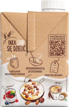Inka napój owsiany 500 ml, beżowy karton z grafikami potraw, tekstem 'Lubi Się Dzielić' i QR kodem, z przodu.