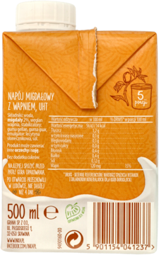 Tył kartonu napoju migdałowego UHT z wapniem 500 ml, bez dodatku cukru, z czytelną tabelą odżywczą.