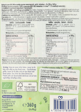 Babydream BIO Musy owocowe dla dzieci, 4x90g, tył opakowania z etykietą i kodem kreskowym.